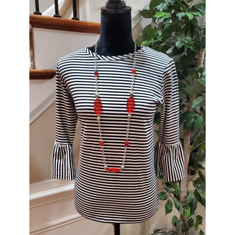 Vineyard Vines Black White Crew Neck 3/4 Bell Sleeve Cotton Top Blouse Size XS
